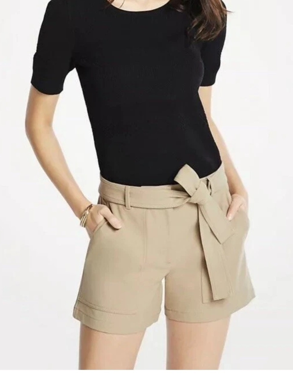 Ann Taylor Women's Marina Tie Waist Belt Shorts Tan Khaki, Size 10